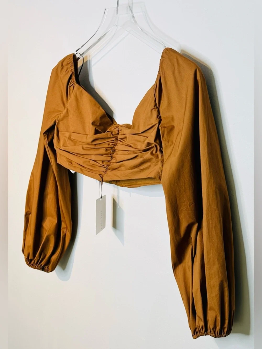 Zara Studio Pecan Brown Gathered Crop Top Balloon Sleeve Top Shirt Blouse NWT